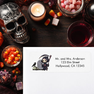 Spooky Grim Reaper Graveyard Crow Gothic Halloween Etiket