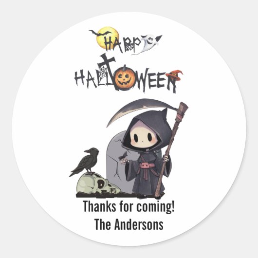 Spooky Grim Reaper Graveyard Crow Gothic Halloween Ronde Sticker (Voorkant)