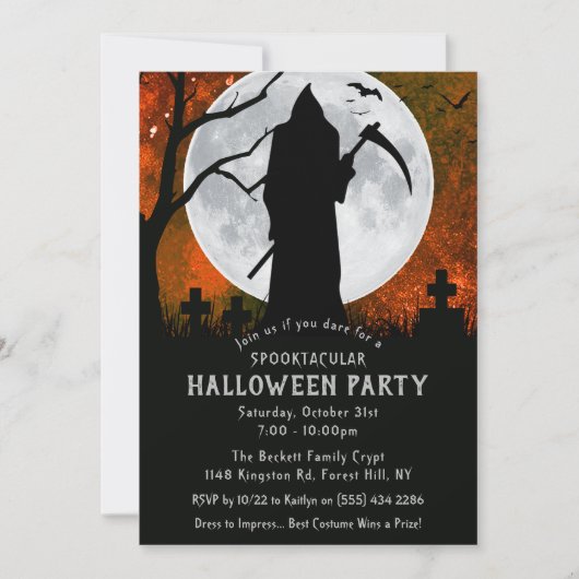 Spooky Grim Reaper Graveyard Halloween Party Kaart (Voorkant)