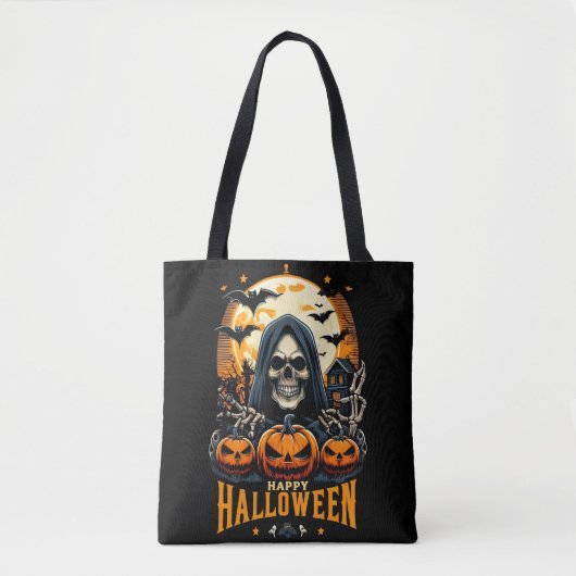 Spooky Grim Reaper Jack O' Lanterns Bats Halloween Tote Bag (Voorkant)