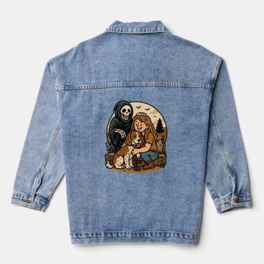 Spooky Grim Reaper with Girl and Dog Skeleton Art  Denim Jacket (Achterkant)