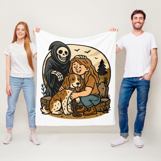 Spooky Grim Reaper with Girl and Dog Skeleton Art Fleece Deken (In situ)