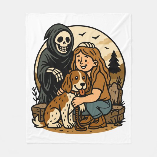 Spooky Grim Reaper with Girl and Dog Skeleton Art Fleece Deken (Voorkant)