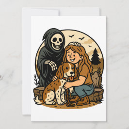 Spooky Grim Reaper with Girl and Dog Skeleton Art  Kaart