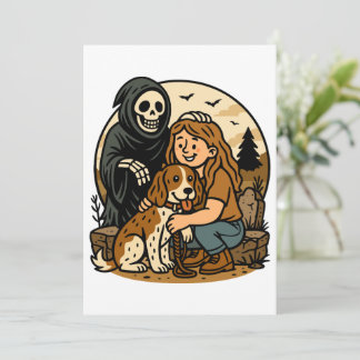Spooky Grim Reaper with Girl and Dog Skeleton Art Kaart