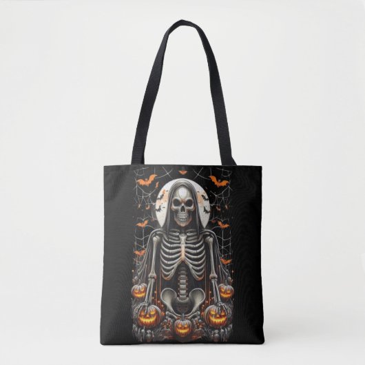 Spooky Grim Skeleton & Glowing Pumpkins Halloween Tote Bag (Voorkant)