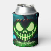Spooky groene gloeiende Halloween pompoen Blikjeskoeler (Blikje Voorkant)