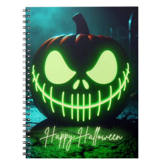 Spooky groene gloeiende Halloween pompoen Notitieboek (Voorkant)