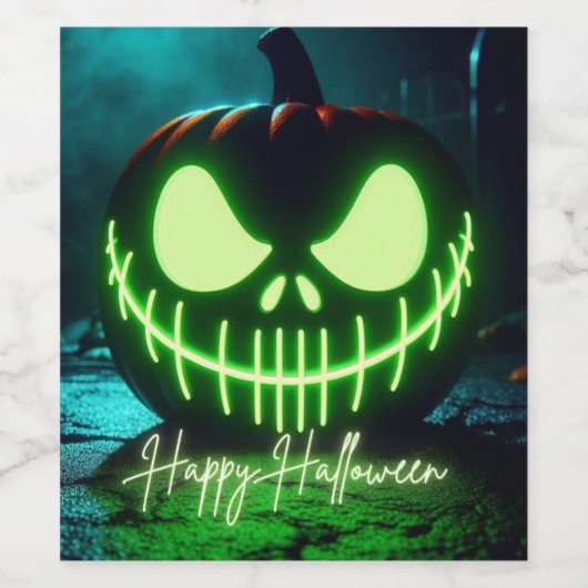 Spooky groene gloeiende Halloween pompoen Wijn Etiket (Enkel label)