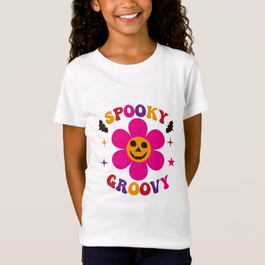 Spooky Groovy Roze Bloem Halloween T-shirt (Voorkant)