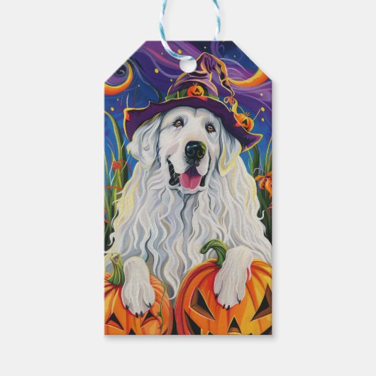 Spooky Grote Pyreneeën Hond Halloween Heksenpompoe Cadeaulabel (Voorkant)