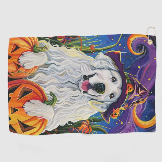 Spooky Grote Pyreneeën Hond Halloween Heksenpompoe Golfhanddoek (Horizontaal)