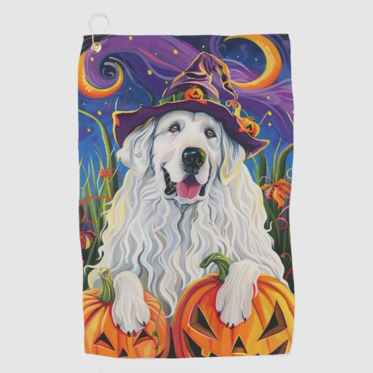 Spooky Grote Pyreneeën Hond Halloween Heksenpompoe Golfhanddoek (Voorkant)