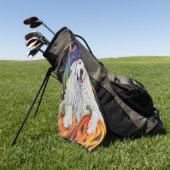 Spooky Grote Pyreneeën Hond Halloween Heksenpompoe Golfhanddoek (Groen)