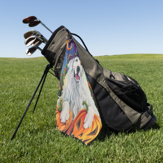 Spooky Grote Pyreneeën Hond Halloween Heksenpompoe Golfhanddoek (Groen)