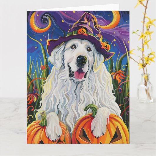 Spooky Grote Pyreneeën Hond Halloween Heksenpompoe Kaart (Gele Bloem)