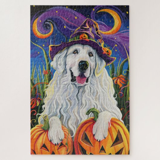 Spooky Grote Pyreneeën Hond Halloween Heksenpompoe Legpuzzel (Verticaal)