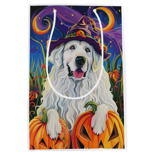 Spooky Grote Pyreneeën Hond Halloween Heksenpompoe Medium Cadeauzakje (Voorkant)