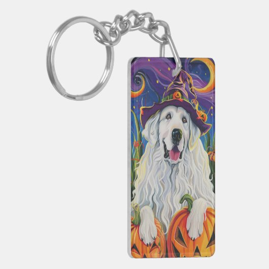 Spooky Grote Pyreneeën Hond Halloween Heksenpompoe Sleutelhanger (Voorkant Links)