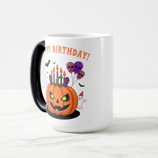 Spooky Halloween B-day Pumpkin Cake & Ghosts Magische Mok (Voorkant links)