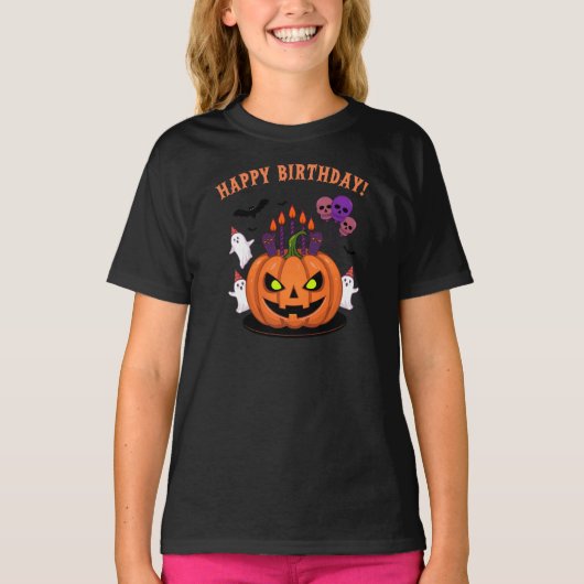 Spooky Halloween B-day Pumpkin Cake & Ghosts T-shirt (Voorkant)