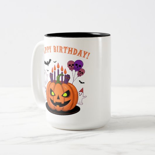 Spooky Halloween B-day Pumpkin Cake & Ghosts Tweekleurige Koffiemok (Voorkant links)
