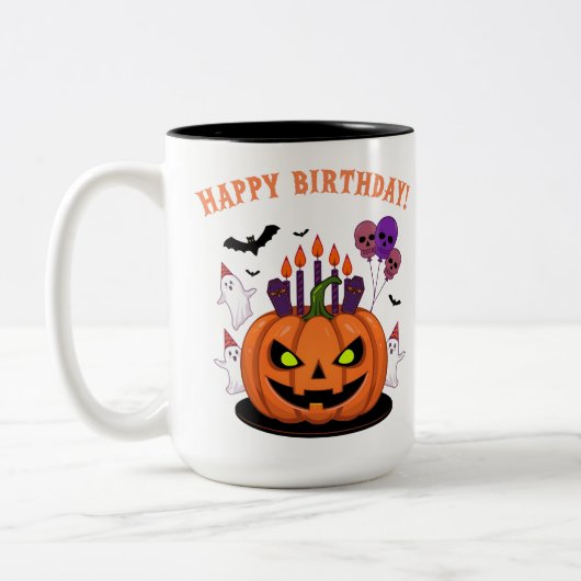 Spooky Halloween B-day Pumpkin Cake & Ghosts Tweekleurige Koffiemok (Links)