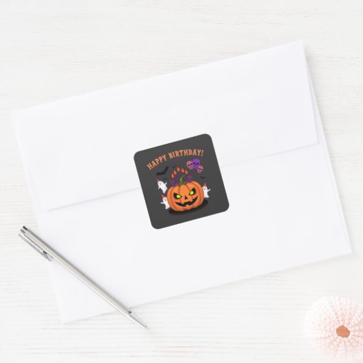 Spooky Halloween B-day Pumpkin Cake & Ghosts Vierkante Sticker (Envelop)