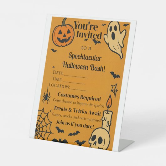 Spooky Halloween Bash Uitnodigen | Geesten en game Reclamebord Met Voetstuk (Voorkant)