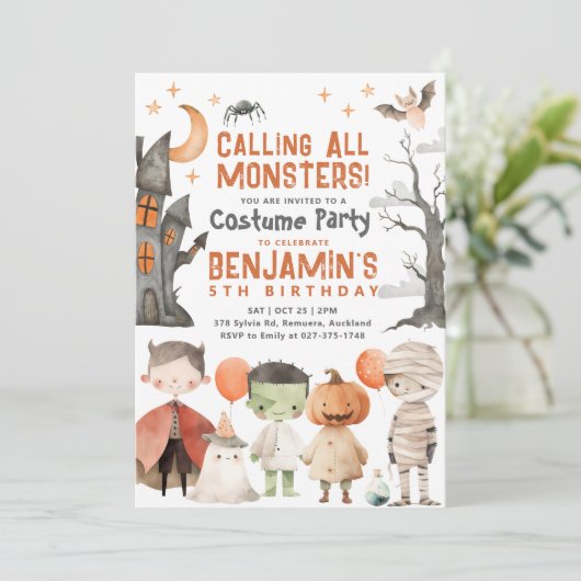 Spooky Halloween Birthday Party Invitation Kaart (Staand voorkant)