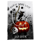 Spooky Halloween Birthday Pumpkin Crow Skull Medium Cadeauzakje (Voorkant)