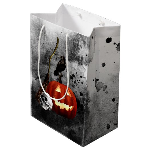 Spooky Halloween Birthday Pumpkin Crow Skull Medium Cadeauzakje (Achterkant Gekanteld)