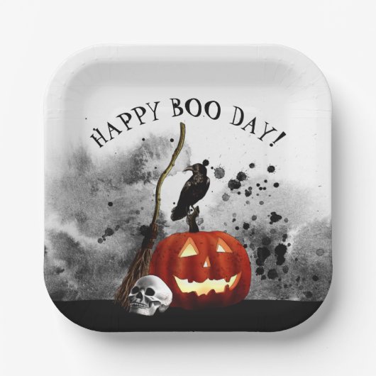 Spooky Halloween Birthday Pumpkin Crow Skull Papieren Bordje (Voorkant)