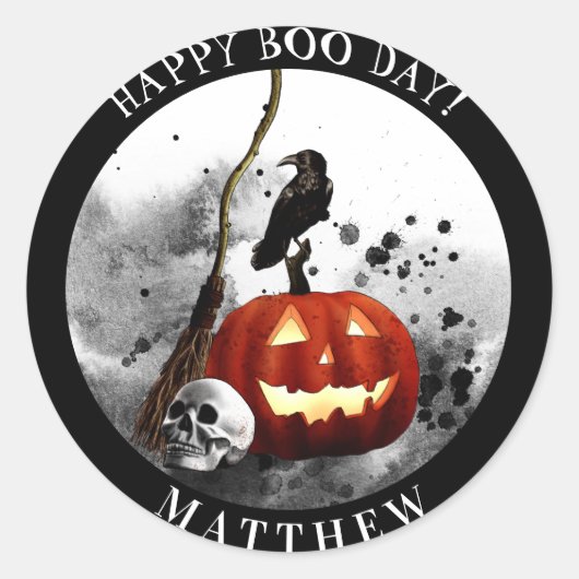 Spooky Halloween Birthday Pumpkin Crow Skull Ronde Sticker (Voorkant)