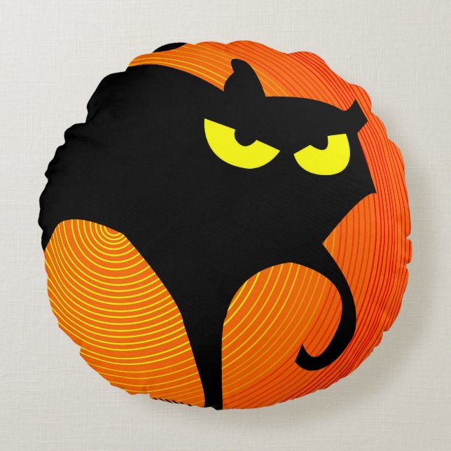 Spooky Halloween Black Cat Rond Kussen (Voorkant)