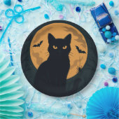Spooky Halloween Black Cat Silhouette Volle Maan Papieren Bordje (Feest)