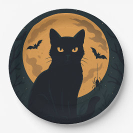 Spooky Halloween Black Cat Silhouette Volle Maan Papieren Bordje
