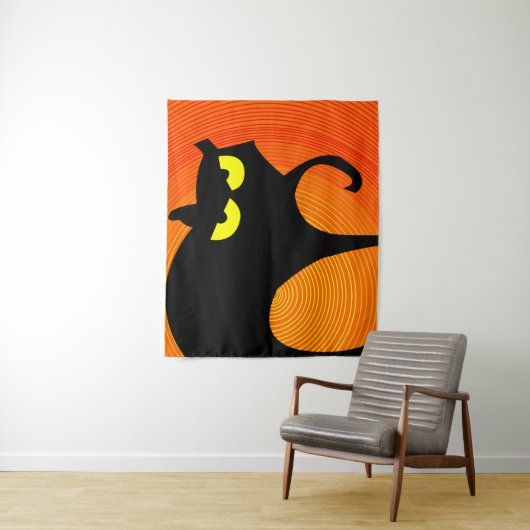 Spooky Halloween Black Cat Tapestry Wandkleed (In situ)