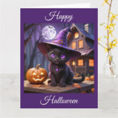 Spooky Halloween Black Kitten Kaart (Gele Bloem)
