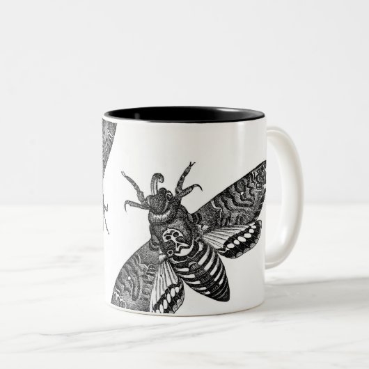 Spooky Halloween Black White Skull Moth Tweekleurige Koffiemok (Voorkant rechts)