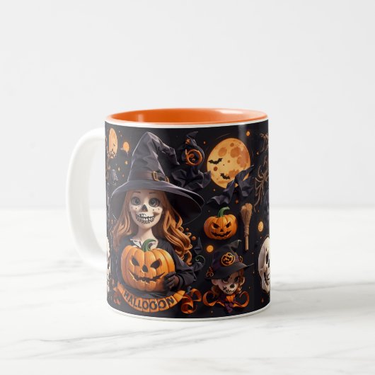 Spooky Halloween Boo Bat Pompoen Skull Witch Spide Tweekleurige Koffiemok (Voorkant links)