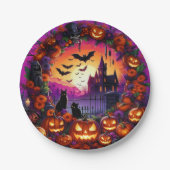Spooky Halloween Borden Pompoenen en spookhuis Papieren Bordje (Voorkant)