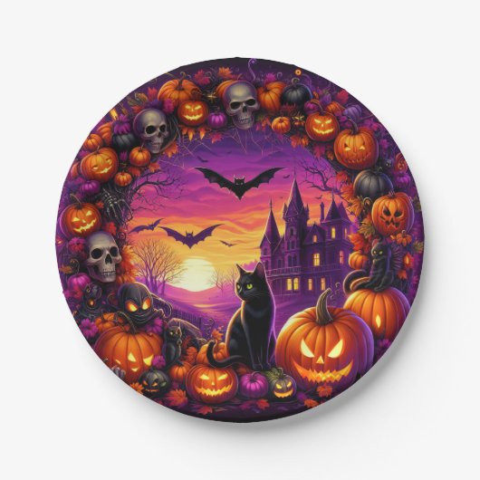 Spooky Halloween Borden Pompoenen en spookhuis Papieren Bordje (Voorkant)