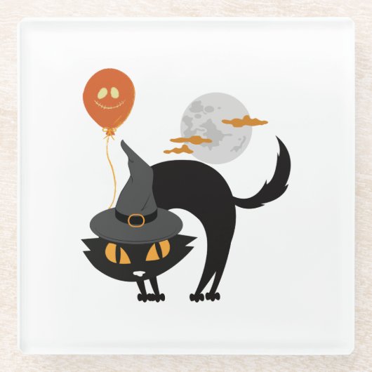 Spooky Halloween Cat Glazen Onderzetter (Voorkant)