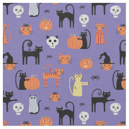Spooky Halloween Cat Pattern Paars Stof