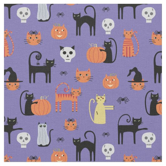 Spooky Halloween Cat Pattern Paars Stof (Close Up)