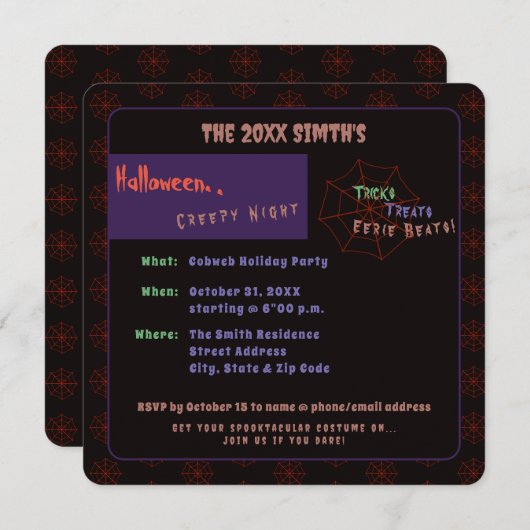 Spooky Halloween Cobweb Black Party Uitnodiging (Voorkant / Achterkant)