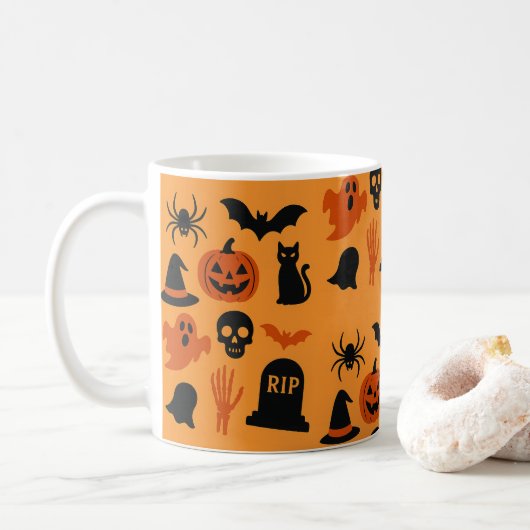 Spooky Halloween Coffee Mug – Black & Orange Koffiemok (Met donut)