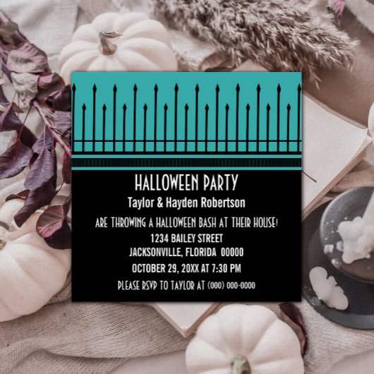 Spooky Halloween Gate Party Invite, Turquoise Kaart