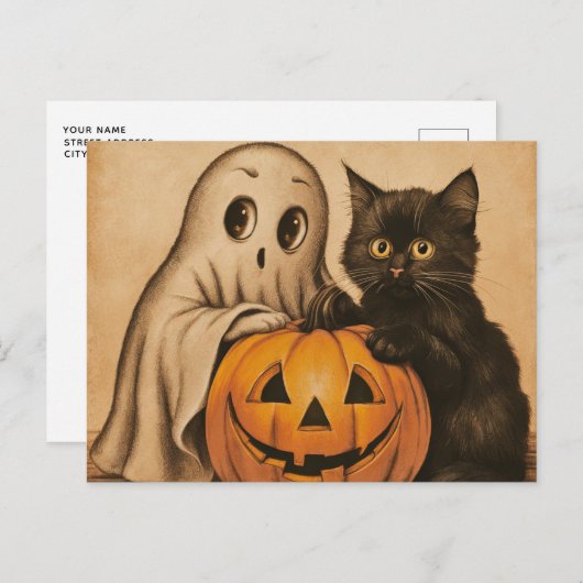 Spooky Halloween  Ghost Black Cat Pumpkin Briefkaart (Voorkant / Achterkant)